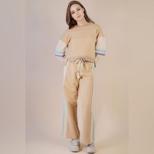Beige Top and Pants Set with Striped Sleeves